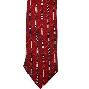 ALYNN “Sentinels” red silk tie with lighthouses and ropes, nautical